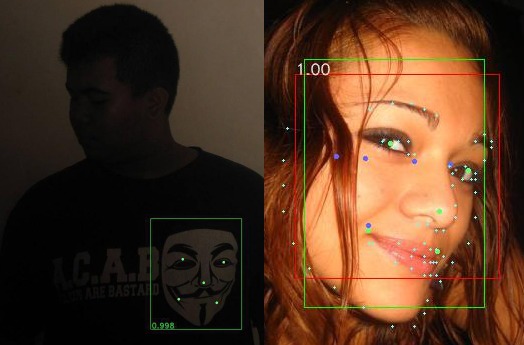 Примеры некорректной работы детектора. Первое фото - захват искусственного изображения вместо лица. Второе - некорректная работа dlib (фиолетовые точки) на лице, частично повернутом в анфас